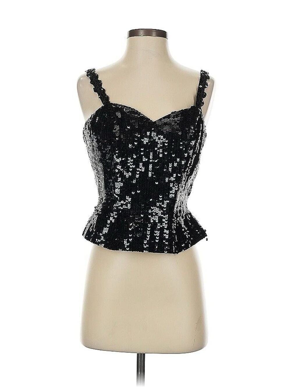 VTG Lillie Rubin Beaded Peplum Tank Top Silk Back Zip Black Sequin 8